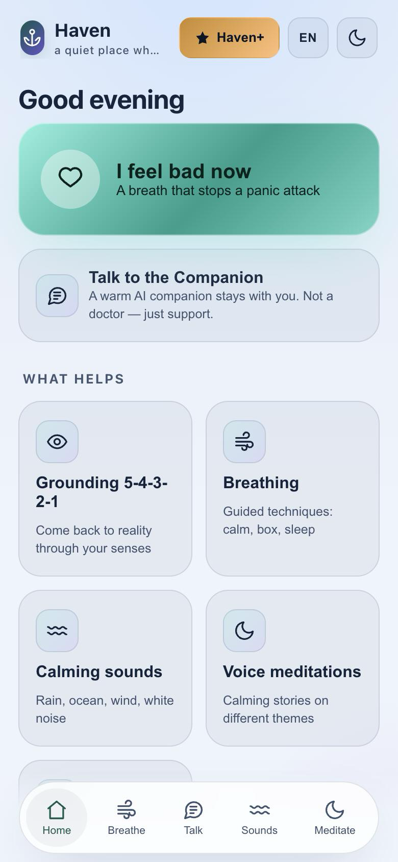 Haven app home screen in English: “I feel bad now”, breathing, grounding and calming sounds