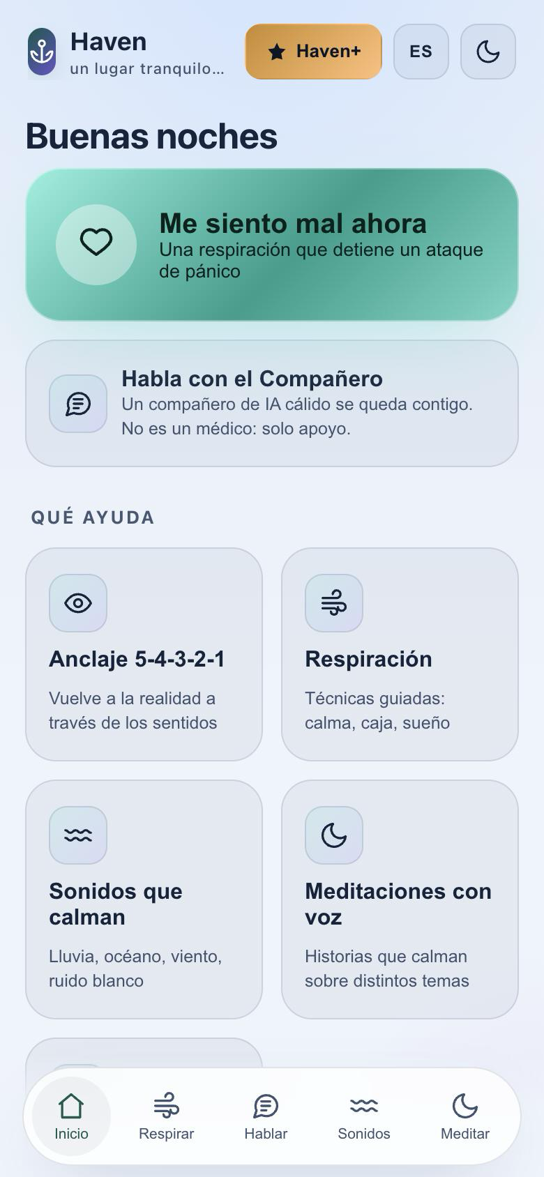 Pantalla principal de Haven en español: «Me siento mal ahora», respiración, anclaje y sonidos